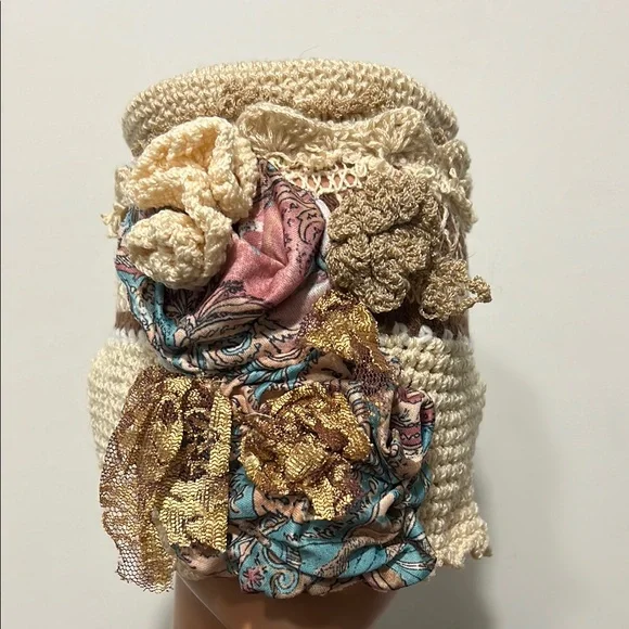 Elegant Cream Crochet Hat with Floral Accents